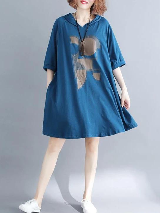 Loose Hooded Cotton Dress Shape Blue Print Dress Summer