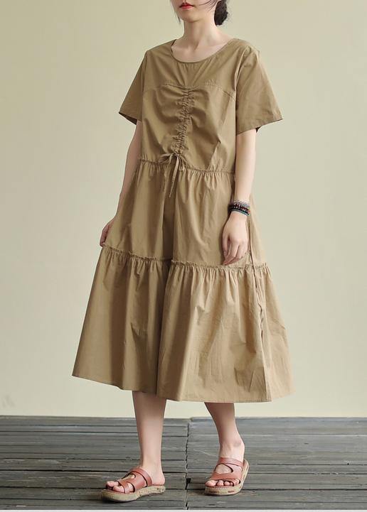 Loose Khaki Cotton Tunics O Neck Drawstring Traveling Summer Dress