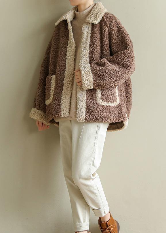 Loose Lapel Collar Fine Patchwork Coats Chocolate Daily Jackets