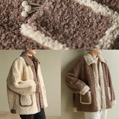 Loose Lapel Collar Fine Patchwork Coats Chocolate Daily Jackets