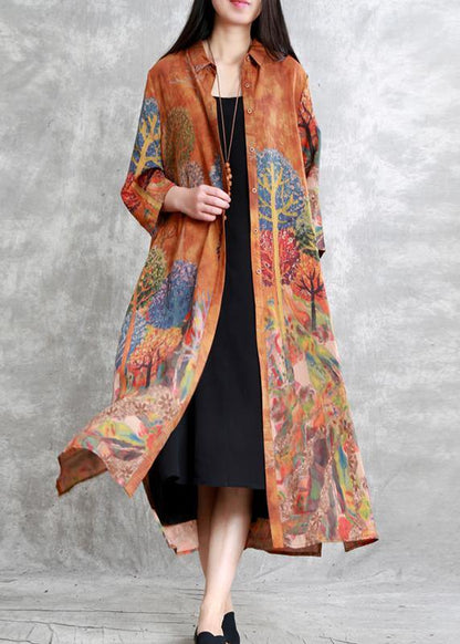 Loose Lapel Long Sleeve Fine Outfitpurple Print Knee Cardigan