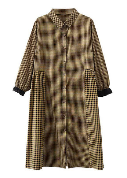 Loose Lapel Patchwork Cotton Wardrobes Tunic Tops Yellow Plaid Dress