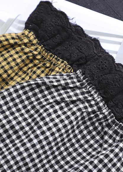 Loose Lapel Patchwork Cotton Wardrobes Tunic Tops Yellow Plaid Dress