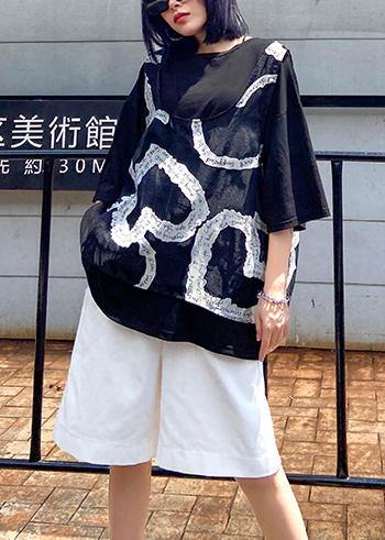 Loose Large Size Black Short Sleeve + Mesh Vest Two-piece Blouse