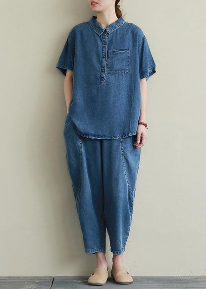 Loose Large Size Thin Section Blue Denim Suit Female Lapel Short Sleeve Shirt Harem Pants Two-piece Suit