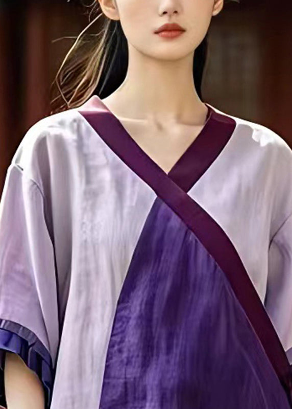 Loose Light Purple Patchwork Low High Design T Shirt Summer