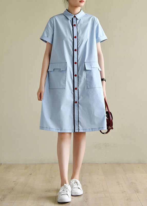 Loose Light Blue Dress Silhouette Lapel Pockets Box Summer Shirts