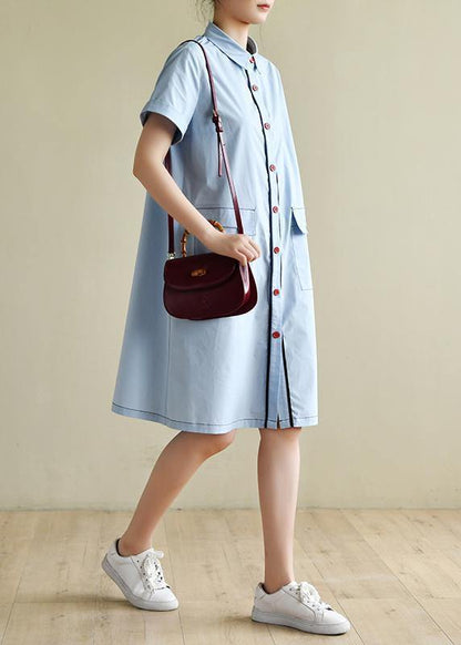 Loose Light Blue Dress Silhouette Lapel Pockets Box Summer Shirts