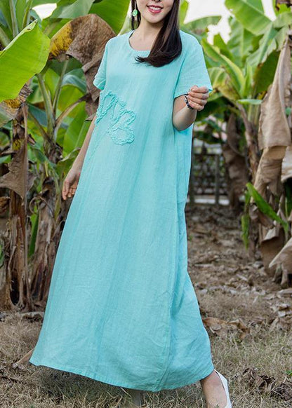Loose Light Blue Linen Dress O Neck Pockets Love Summer Dress