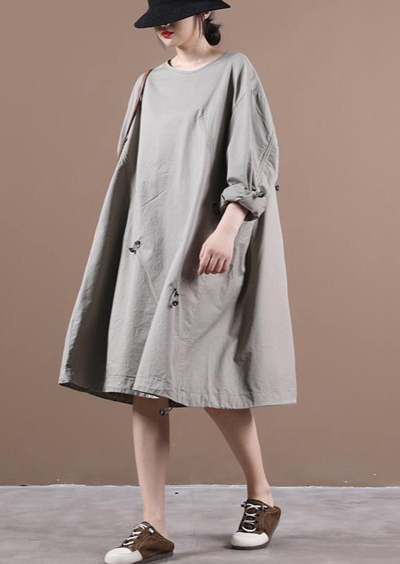 Loose Light Gray Outfit O Neck Drawstring Short Dresses