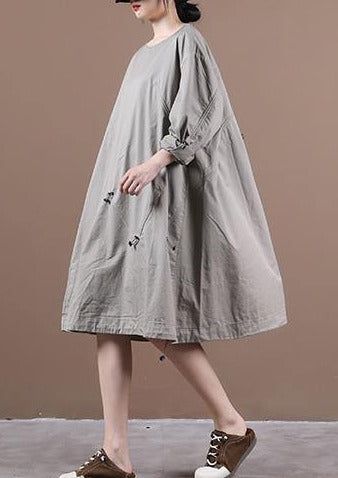 Loose Light Gray Outfit O Neck Drawstring Short Dresses