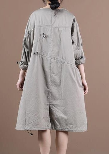 Loose Light Gray Outfit O Neck Drawstring Short Dresses