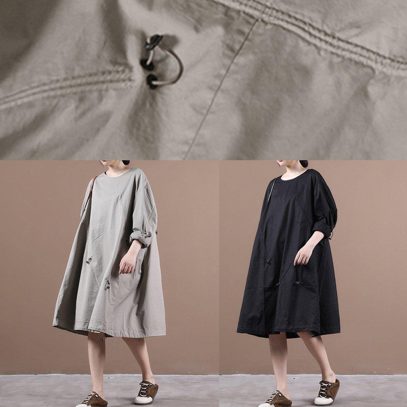 Loose Light Gray Outfit O Neck Drawstring Short Dresses
