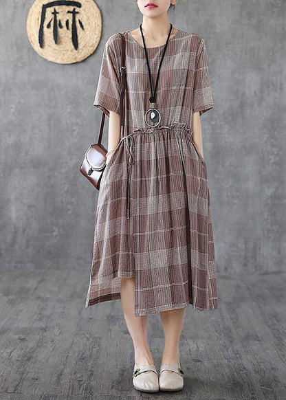 Loose Light Purple Plaid Cotton Robes O Neck Asymmetric Maxi Dress