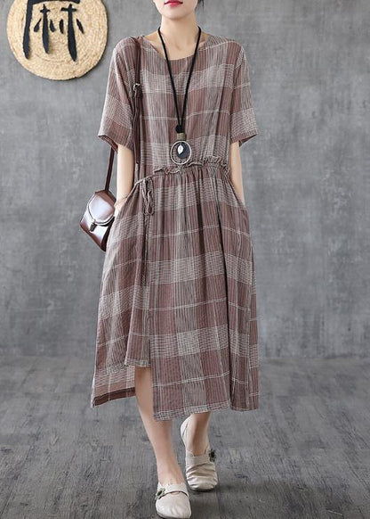 Loose Light Purple Plaid Cotton Robes O Neck Asymmetric Maxi Dress