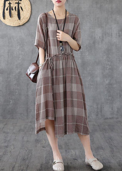 Loose Light Purple Plaid Cotton Robes O Neck Asymmetric Maxi Dress