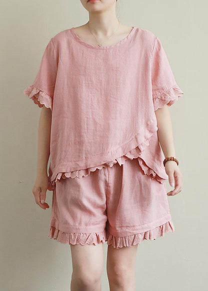 Loose Linen Suit Female Lace Irregular Round Neck Short Sleeve T-shirt Shorts Two-piece Suit