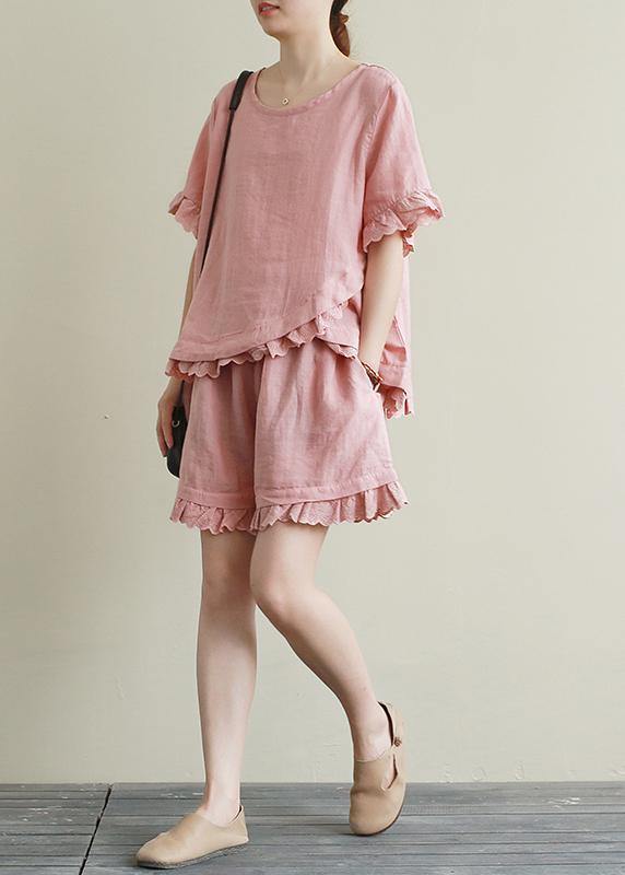 Loose Linen Suit Female Lace Irregular Round Neck Short Sleeve T-shirt Shorts Two-piece Suit