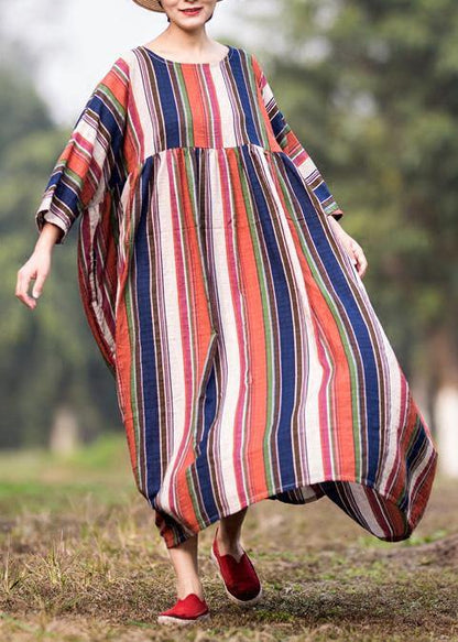 Loose Multicolor Striped Cotton Clothes Extra Large Hem O Neck Maxi Summer Dresses
