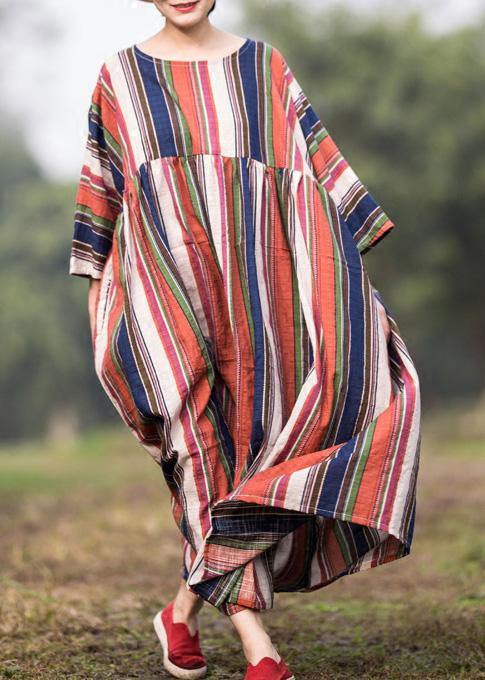 Loose Multicolor Striped Cotton Clothes Extra Large Hem O Neck Maxi Summer Dresses