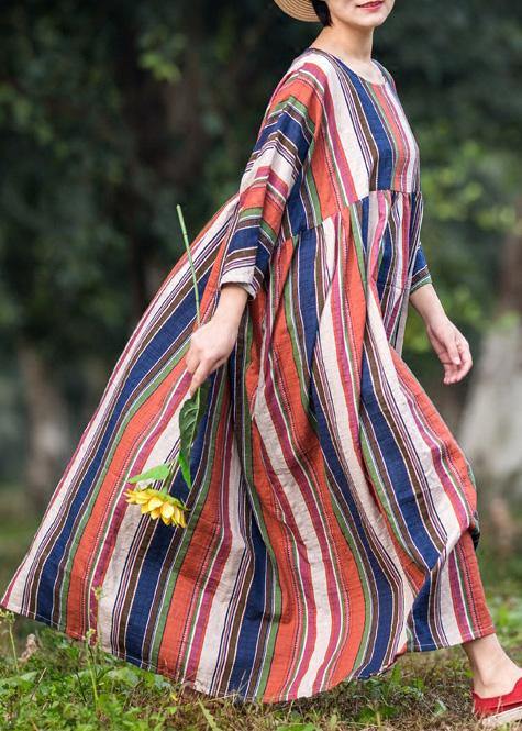 Loose Multicolor Striped Cotton Clothes Extra Large Hem O Neck Maxi Summer Dresses
