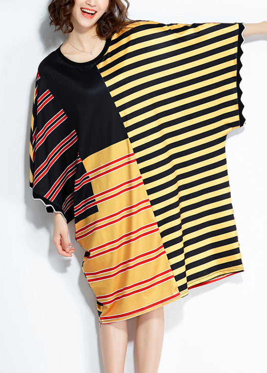 Loose Multicolor Striped Silk Blended Clothes Linen Patchwork Summer Dress