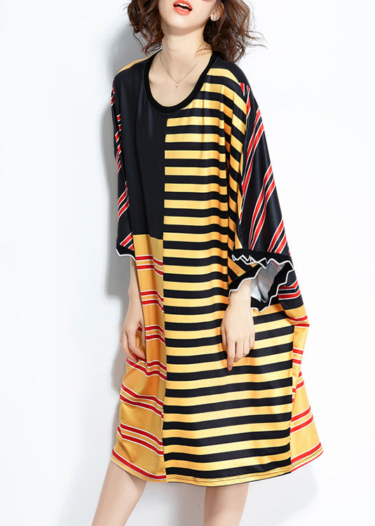Loose Multicolor Striped Silk Blended Clothes Linen Patchwork Summer Dress