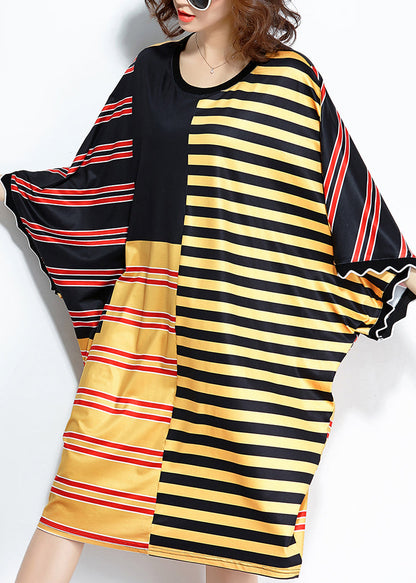 Loose Multicolor Striped Silk Blended Clothes Linen Patchwork Summer Dress