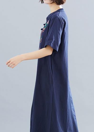 Loose Navy Cotton Quilting Dresses Embroidery a Line Summer Dresses