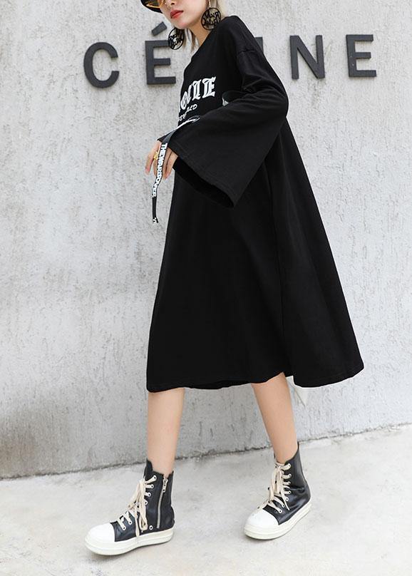 Loose O Neck Cotton Dresses Shirts Black Print Dresses
