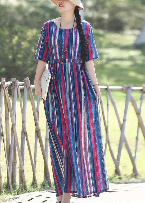 Loose O Neck Half Sleeve Linen Cotton Outfit Photography Blue Striped Long Dresses Summer