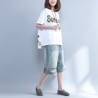 Loose O Neck Letter Cotton Shirts Ideas White Silhouette Tops