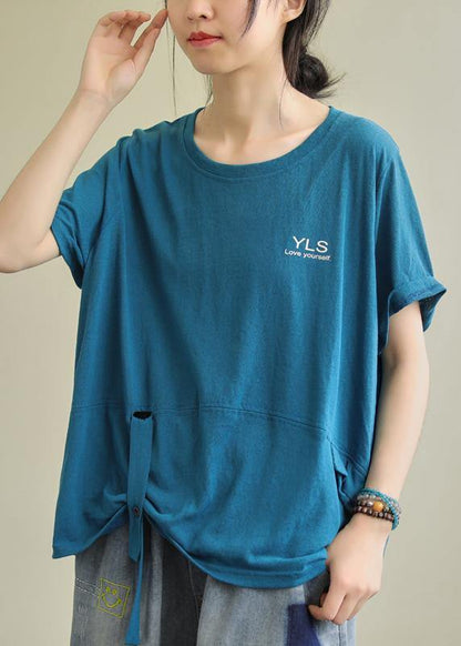 Loose O Neck Letter Cotton Tunics for Tunic Tops Blue Blouse