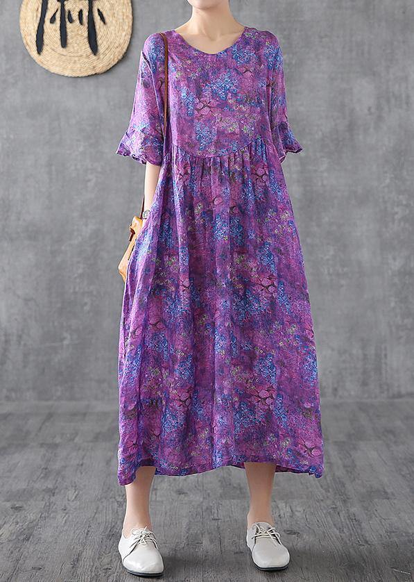 Loose O Neck Petal Sleeve Linen Robes Ideas Purple Print Dress Summer
