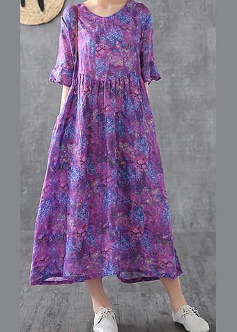 Loose O Neck Petal Sleeve Linen Robes Ideas Purple Print Dress Summer