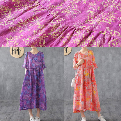 Loose O Neck Petal Sleeve Linen Robes Ideas Purple Print Dress Summer
