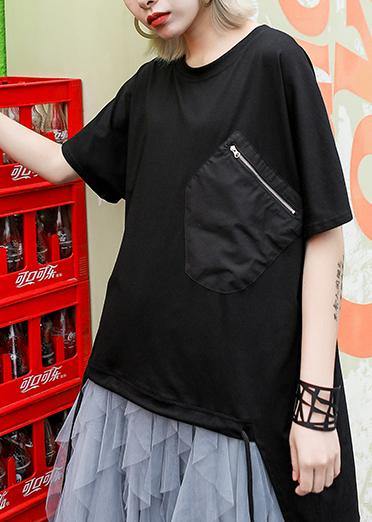 Loose O Neck Asymmetric Shirts Outfits Black Blouses