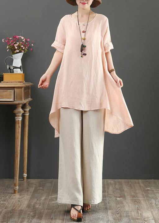 Loose O Neck Asymmetric Linen Summer Linen Tops Pattern Pink Shirts