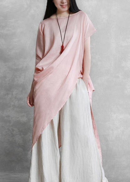 Loose O Neck Asymmetric Tie Waisttunic Pattern Pink Tops