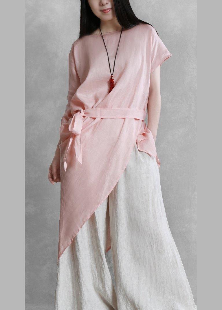 Loose O Neck Asymmetric Tie Waisttunic Pattern Pink Tops