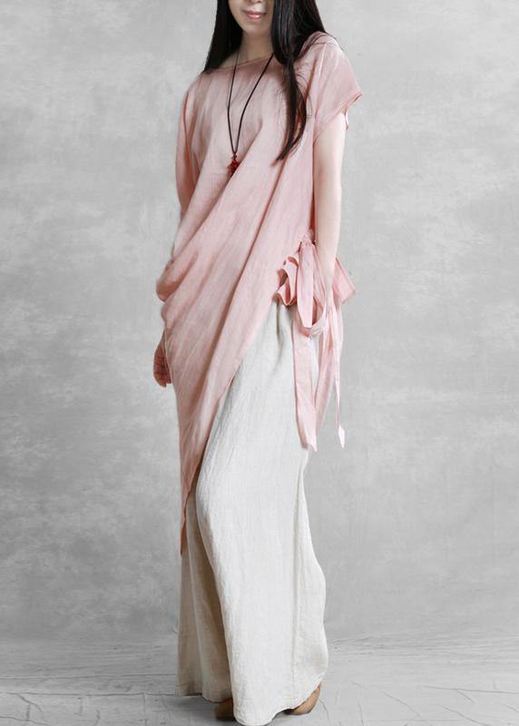 Loose O Neck Asymmetric Tie Waisttunic Pattern Pink Tops