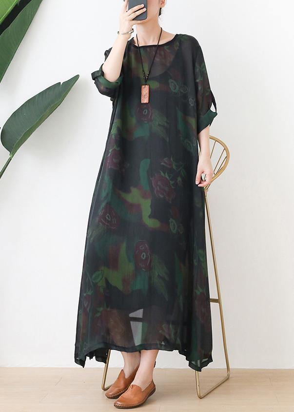Loose O Neck Chiffon Kaftans Green Print Maxi Dresses