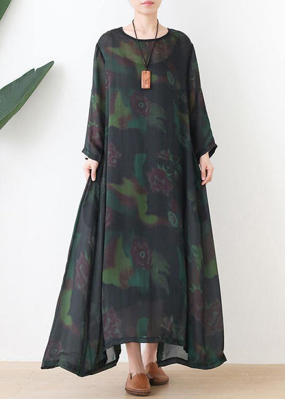 Loose O Neck Chiffon Kaftans Green Print Maxi Dresses