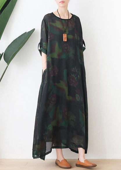 Loose O Neck Chiffon Kaftans Green Print Maxi Dresses