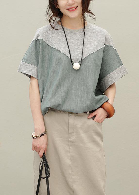Loose O Neck Patchwork Cotton Summer Blouse Pattern Gray Tops
