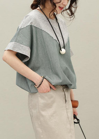 Loose O Neck Patchwork Cotton Summer Blouse Pattern Gray Tops