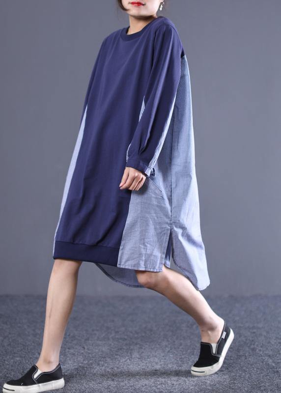 Loose O Neck Patchwork Tunic Top Sewing Blue Plaid Dress