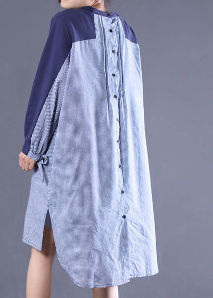 Loose O Neck Patchwork Tunic Top Sewing Blue Plaid Dress