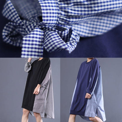 Loose O Neck Patchwork Tunic Top Sewing Blue Plaid Dress