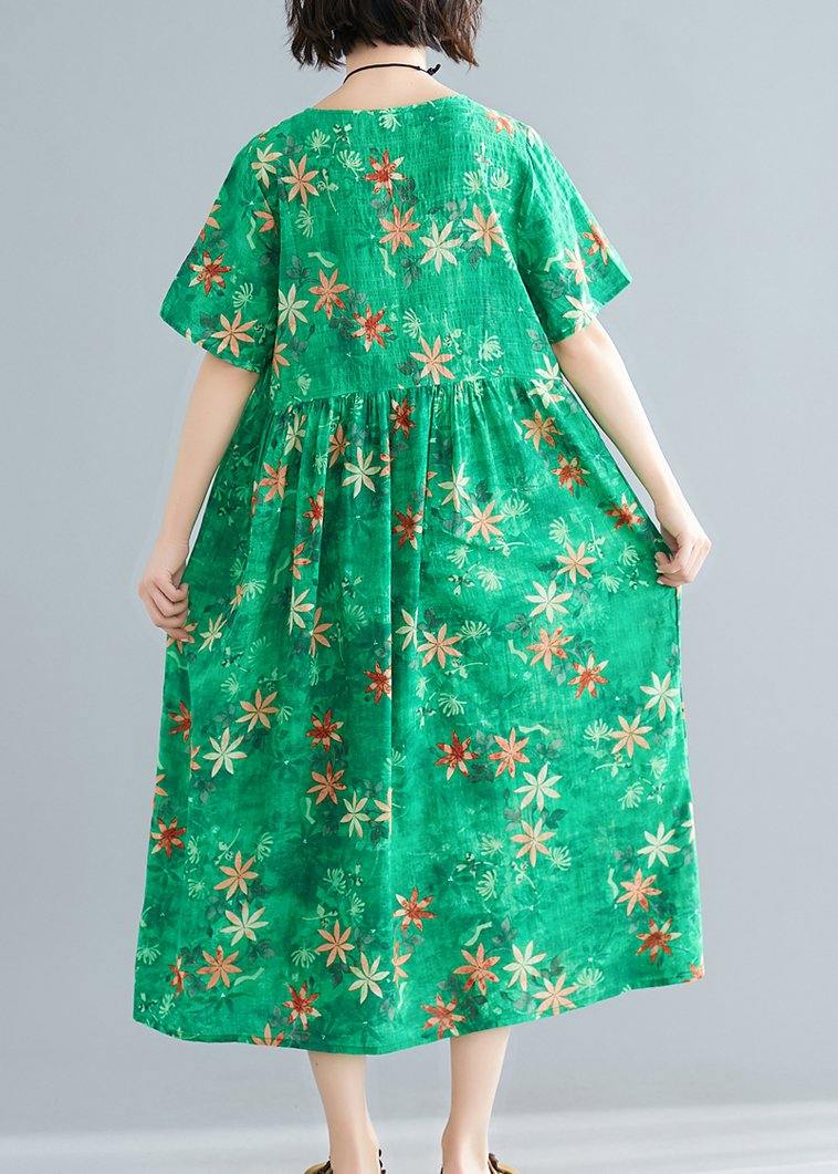 Loose O Neck Patchwork Cinched Cotton Dresses Outfits Green Print Traveling Dresses Summer
